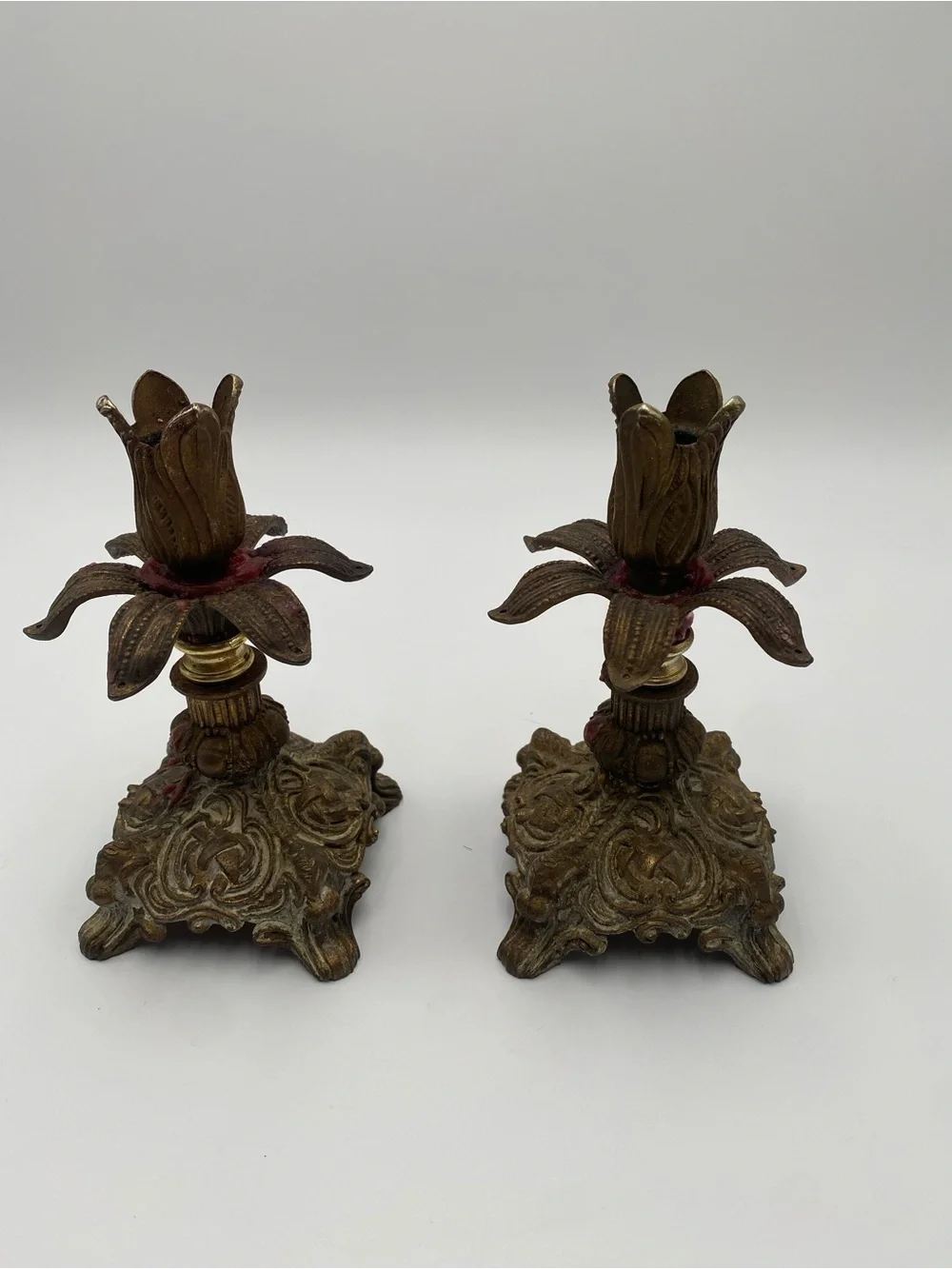 Vintage Floral Metal Candle Holders Bronze Gold Textured Metallic Square Base